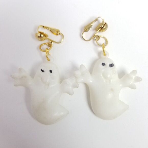 Vintage Ghost Shaped Clip On Earrings, Dangle, 80s Halloween Style, Spooky - Picture 5 of 5